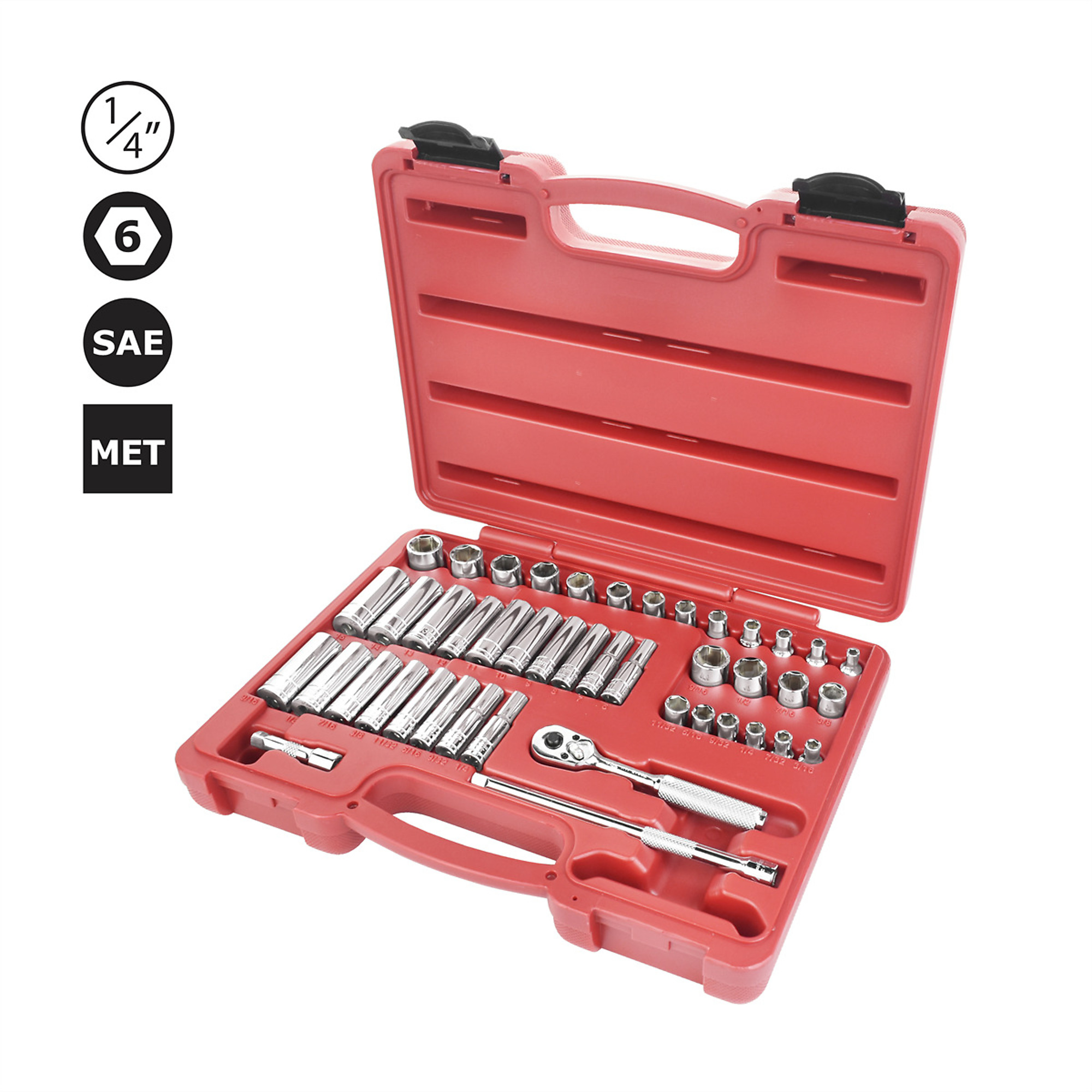K-Tool International Socket Set — 1/4in. Drive, SAE and Metric, 6 Pt., 44 Pcs, Model# KTI21044